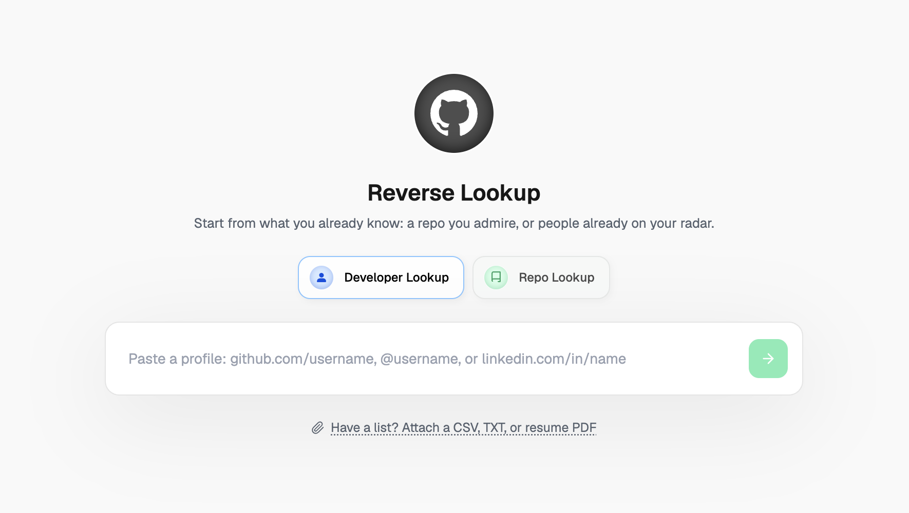 The Reverse Lookup page with Developer Lookup and Repo Lookup modes and a profile input